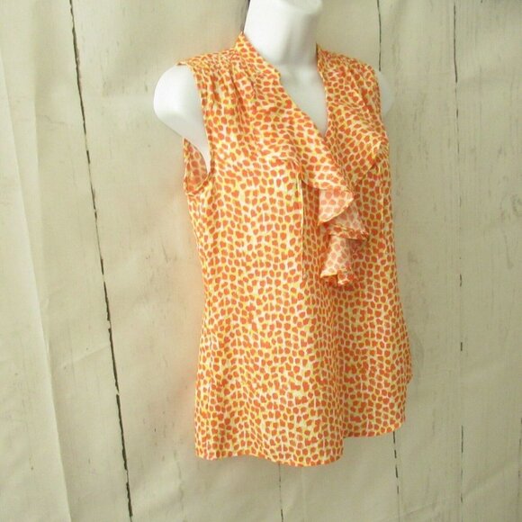 Ann Taylor Top XS Petite Orange Yellow Print Ruffle Sleeveless V Neck - Picture 3 of 6